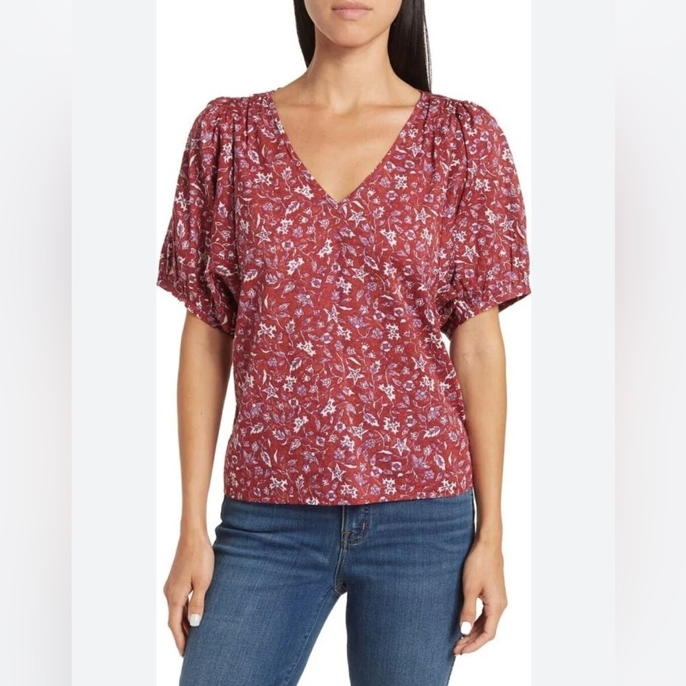Madewell  V-Neck Puff Sleeve Top Batik Vine weathered Brick M